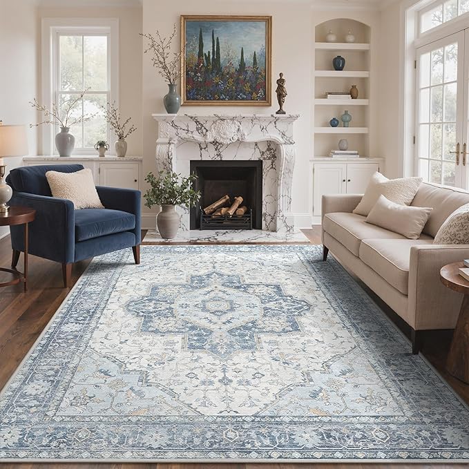 GENIMO 8x10 Area Rugs for Living Room, Machine Washable Non Slip Vintage Rugs, Low Pile Lightweight Chenille Print Rug for Bedroom, Dining Room, Home Office, Light Blue