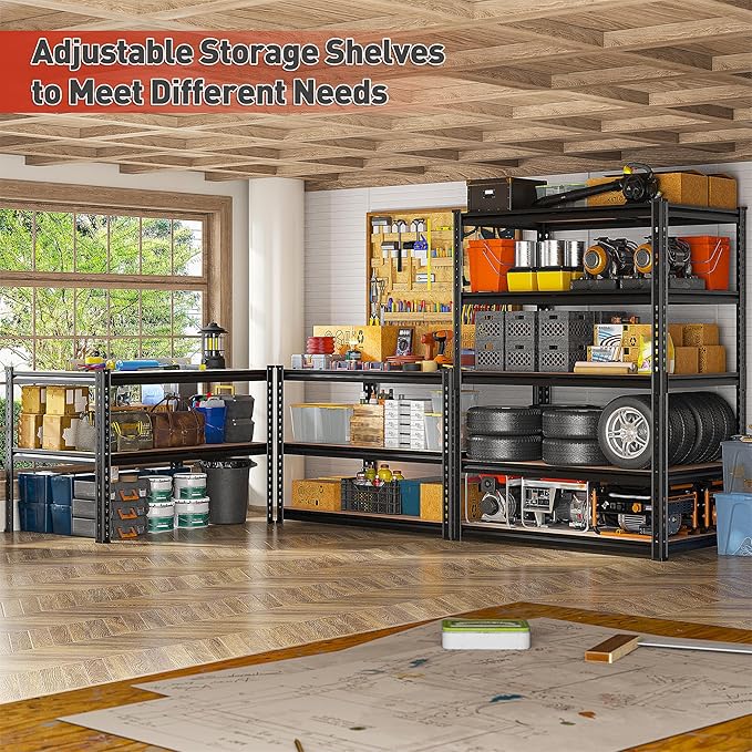 REIBII 2200LBS Storage Shelves 5 Tier Garage Shelving Heavy Duty, Adjustable Metal Shelving, Garage Shelves for Basement, Warehouse, Pantry, Closet, Kitchen 72" H x 35.55" W x 16" D, Black, 4 Pack