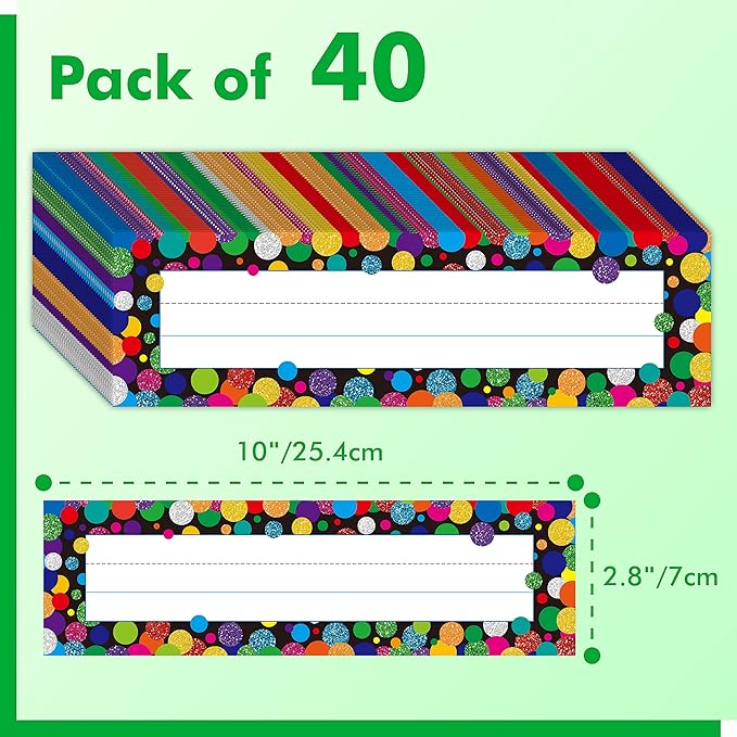 40PCS Traditional Manuscript Name Plates, Confetti Desk Name Tags with Double Sided PET Film Student Name Labels Erasable & Reusable Desk Nameplates for School Classroom Organization (10” x 2.8”)