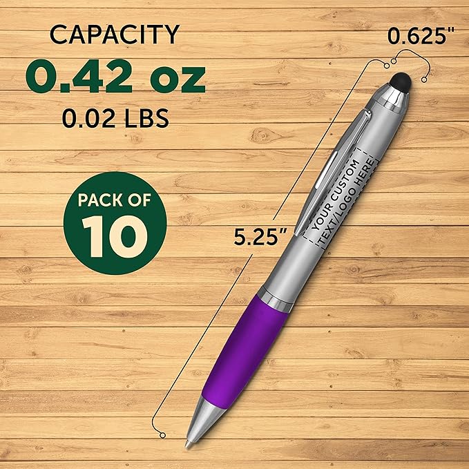 DISCOUNT PROMOS Custom Stylus Ballpoint Pens Set of 10, Personalized Bulk Pack - Black Ink, Great for Office, School, Business, Tradeshows, Events - Purple