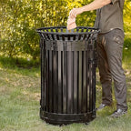 Zedfire 45 Gallon Black Waste Bin with Flat Lid & Door, Outdoor Heavy-Duty Commercial Trash Can Steel Slatted, Round Recycle Container, Durable Garbage Can for Parks, Municipalities, Parking, Schools