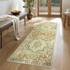GENIMO 2x5 Runner Rugs for Hallway, Machine Washable Non Slip Vintage Rugs, Low Pile Lightweight Soft Print Rug for enrtyway, Corridor, Home, Office, Kitchen, Muted Green Brown
