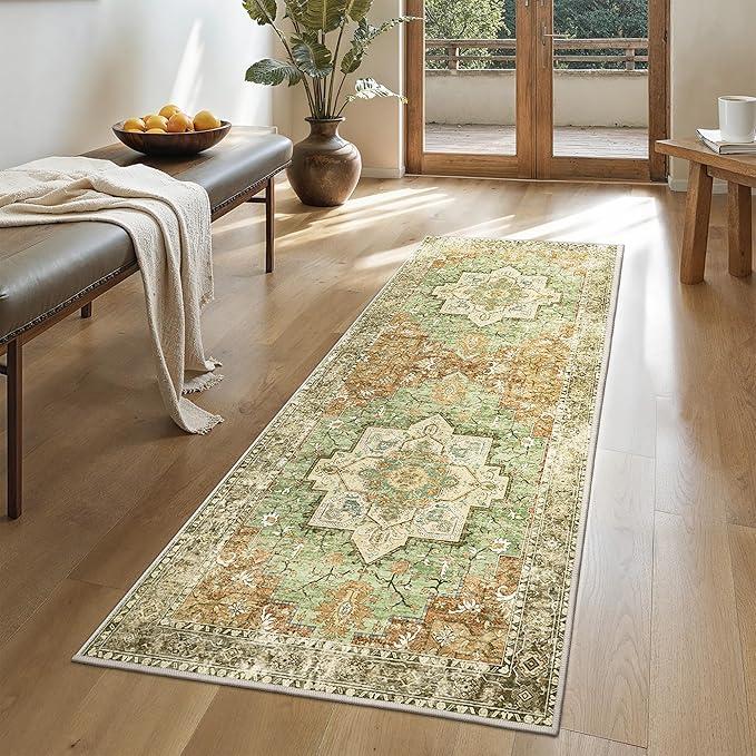 GENIMO 2'6"x6 Runner Rugs for Hallway, Machine Washable Non Slip Vintage Rugs, Low Pile Lightweight Soft Print Rug for enrtyway, Corridor, Home, Office, Kitchen, Muted Green Brown