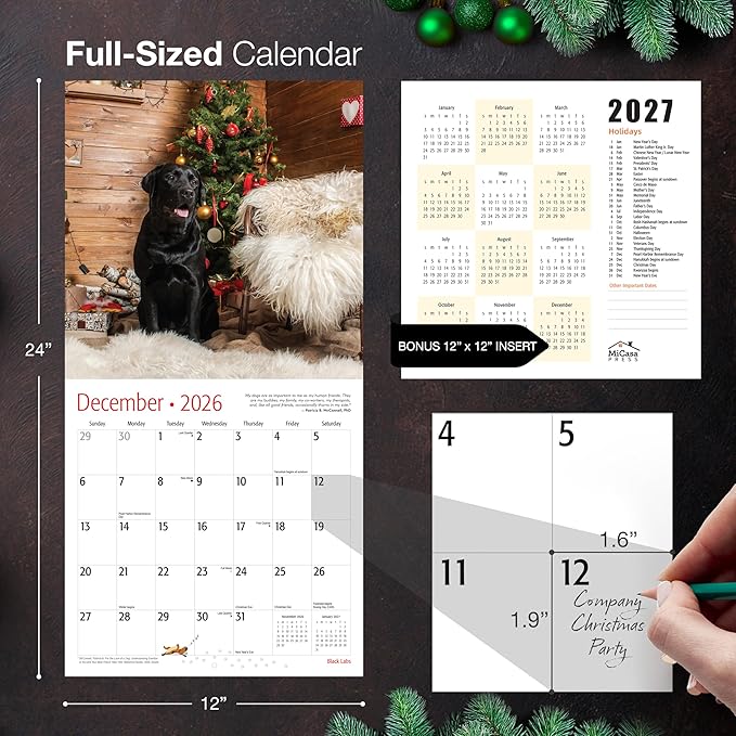 MICASA PRESS Black Labs 2026 Wall Calendar 12 Month | 12" x 24" Open | Thick & Sturdy Paper | Holiday Gift | Cute Labrador Retriever Puppy Dog Calendar 2026