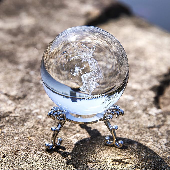 3D Laser Constellation Ball Crystal 60mm Paperweight Full Sphere Glass Fengshui with Sliver-Plated Flowering Stand(Scorpio)