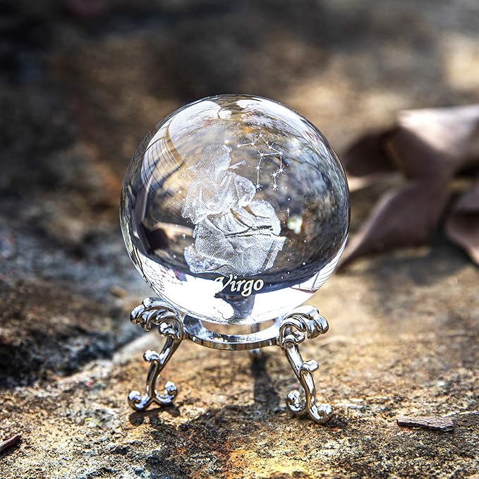 3D Inner Carving Constellation Ball Crystal Paperweight Full Sphere Glass Fengshui with Sliver-Plated Flowering Stand(Virgo)