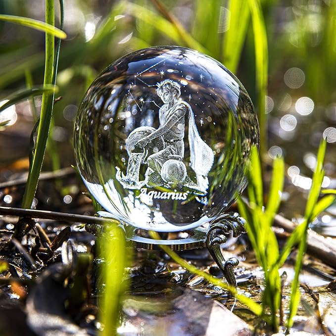 3D Laser Constellation Crystal Ball 60mm Crystal Paperweight Full Sphere Glass Fengshui with Sliver-Plated Flowering Stand(Aquarius)