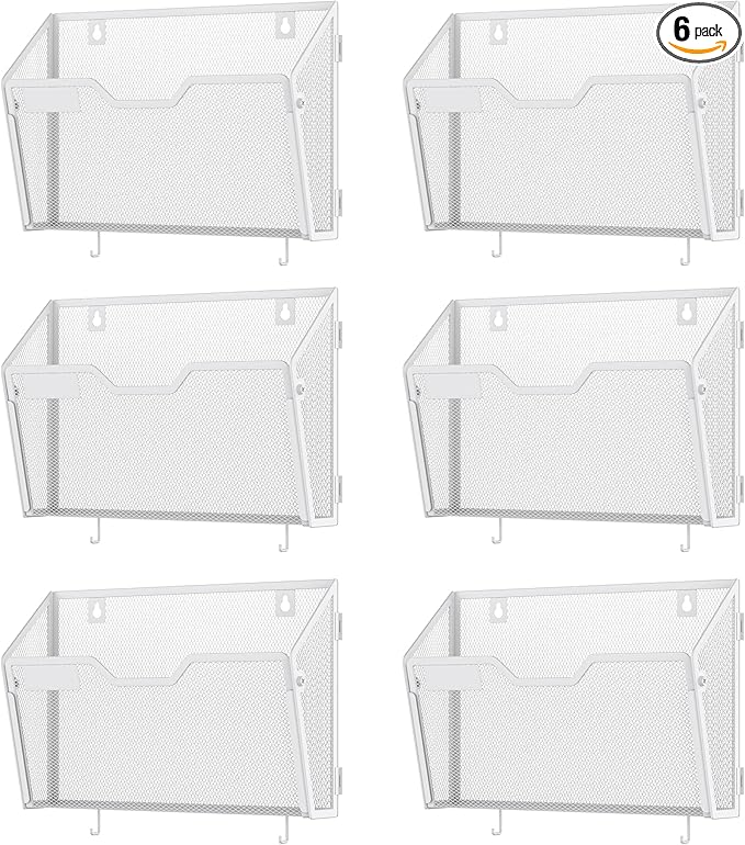 Docnest 6 Pack Hanging Wall File Holders, Mesh Wall Letter File Holder, Wall Mounted Mail Paper Document Folder Holder with Hooks for Office, Home, School, White