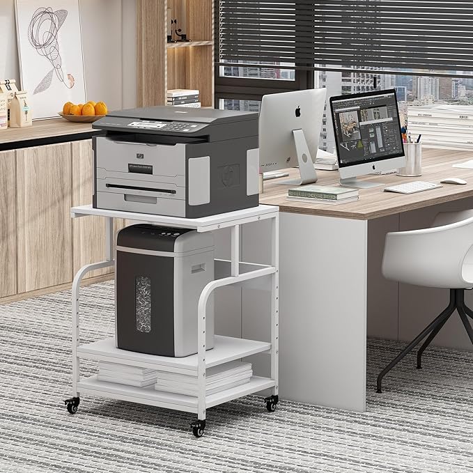 Fannova White Printer Stand, 23.6 x18.9 x 30 Inches Big Size Printer Table with Adjustable Shelf, 3 Tier Rolling Printer Cart with Wheels for Home Office Storage and Organization