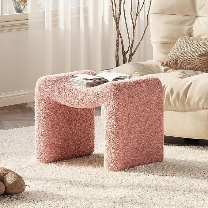ZYKZYK Ottoman Vanity Seat, Plush Velvet Backless Stool and Small Foot Rest, Modern Accent Seating for Bedroom, Makeup Table or Living Room, Pink
