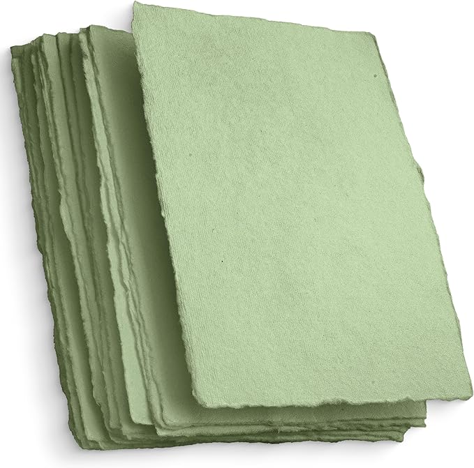 Wanderings Handmade Green Deckle Edge Blank Paper - 4x6 - Pack of 50 - Watercolour/Mixed Media Paper - Save The Date Invitations Greeting Cards Notes DIY Arts Crafts - Thick 150 GSM