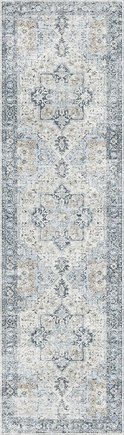 GENIMO Runner Rug 2'6"x7, Non Slip Vintage Hallway Runner Rugs, Low Pile Lightweight Machine Washable Mat for Hallway, Entryway, Bedroom, Kitchen and Corridor, Blue