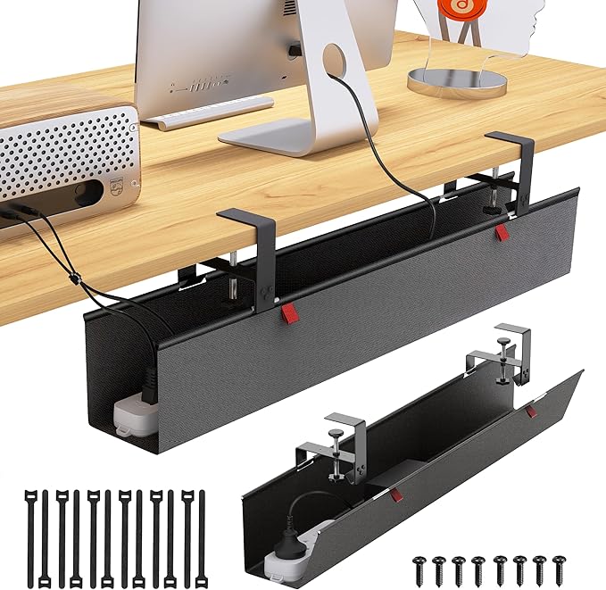Cotohim Under Desk Cable Management Tray - Under Desk Cord Management - Clamp/Screw Mount - Fabric Wire Management - Cable Raceways Tray Cord Hiders for Office/Home (Black, 35.8"×5.6")