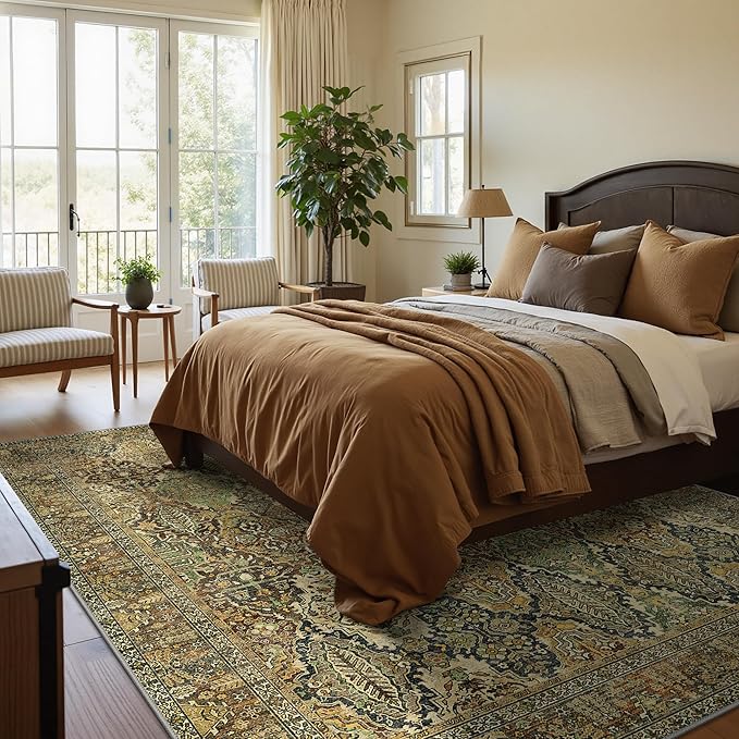 GENIMO 3x5 Area Rugs for Living Room, Machine Washable Non Slip Vintage Rugs, Low Pile Lightweight Chenille Print Rug for Bedroom, Dining Room, Home Office, Bronze Olive