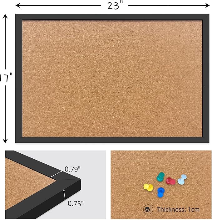 Yunihome Cork Bulletin Board, 17x23 Inches Hanging Cork Board Wooden Framed with Pins for Wall, Dorm Room, Office, Home Decor – Natural Cork & Black Frame