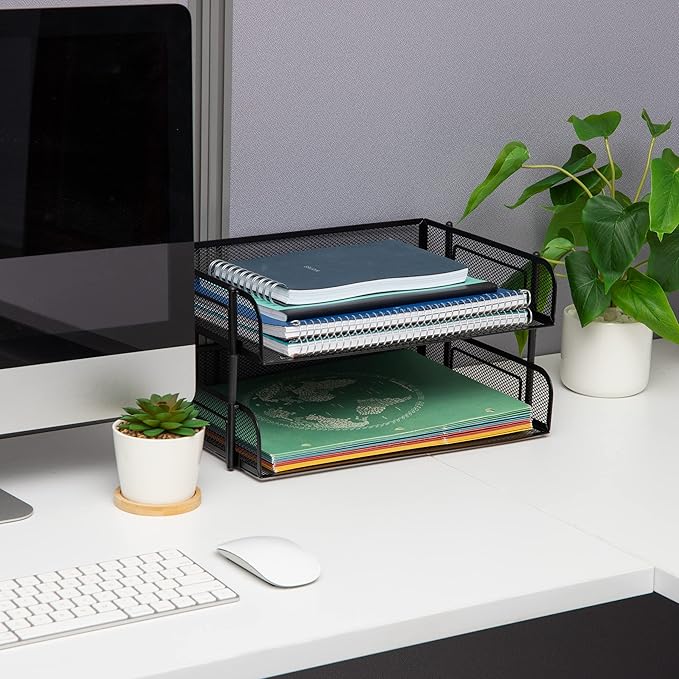 Mind Reader Stackable Paper Tray, Desktop Organizer, File Storage, Office, Metal Mesh, 13.5" L x 10" W x 7.25" H, 2 Pcs., Black