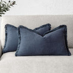 Foindtower Set of 2 Decorative Linen Fringe Lumbar Throw Pillow Covers Boho Farmhouse Cushion Cover with Tassels Soft Cozy Accent Pillowcase for Sofa Couch Living Room Home Decor,12×20 Inch,Navy Blue