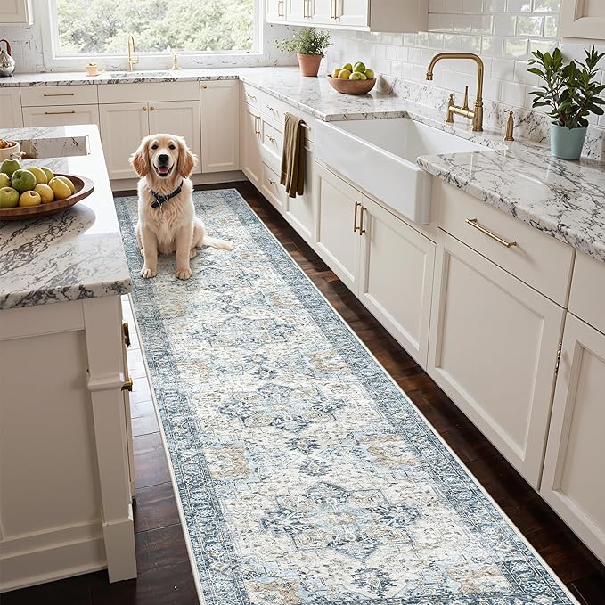 GENIMO Runner Rug 2x10, Machine Washable Vintage Runner Carpet, Non Slip Hallway Rug, Low Pile Lightweight Rugs for Entryway, Hallway, Kitchen and Corridor, Blue