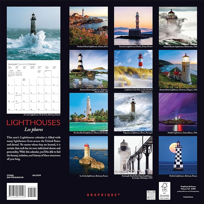 Graphique 2026 Lighthouses Wall Calendar | 12” x 12” | Thick Paper | Home & Office Organizer | Large Monthly Grid | 3 Languages & Marked Holidays | 4 Month Preview Page for 2027