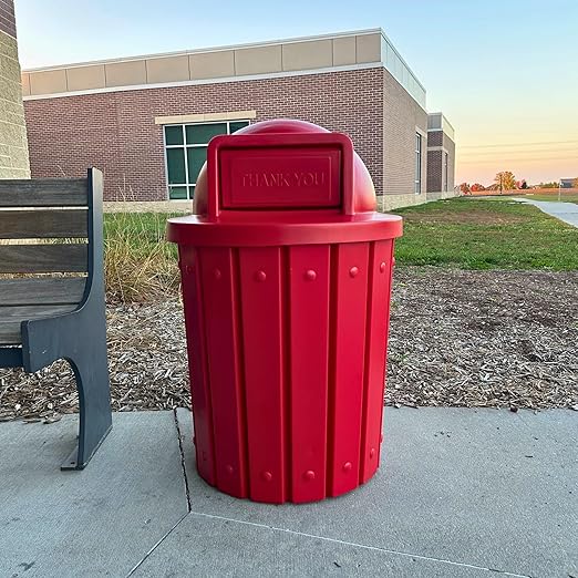 Sturdy Essentials Campus Collection 42 Gallon Slatted Round Heavy Duty Plastic Commercial Outdoor Trash Can with Push Open Dome Lid and Internal Liner | Great for Schools and Businesses - Red