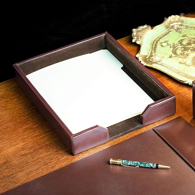 DACASSO Bonded Leather Desktop Letter Tray - Luxury Letter Holder & Paper Organizer for Desk - Office Organization & Executive Desk Decor - (Dark Brown)