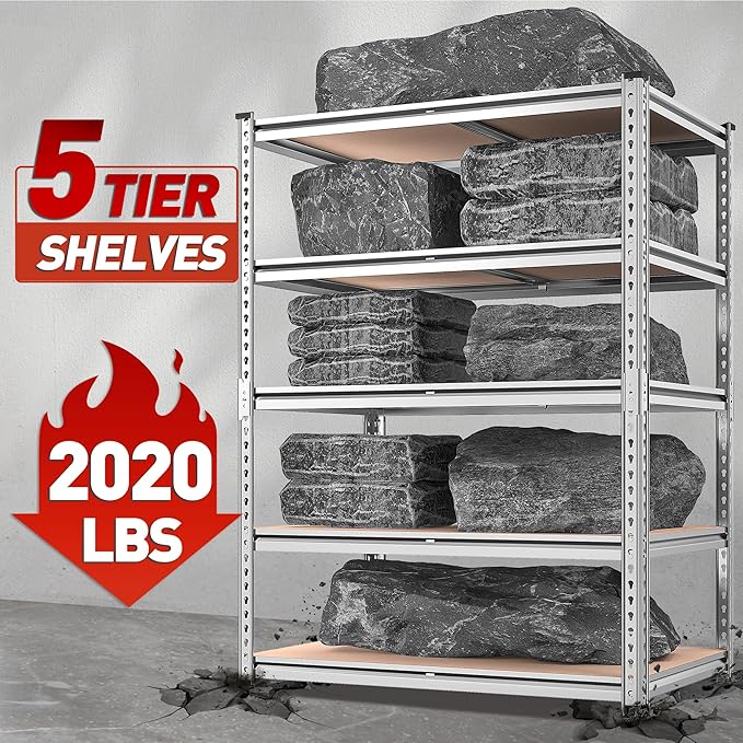 REIBII 2020LBS Garage Shelving Heavy Duty Metal Shelving 5 Tier Storage Shelves, Garage Shelves for Basement, Warehouse, Pantry, Closet, Kitchen, 72" H x 35.55" W x 16" D, Galvanized, 4 Pack