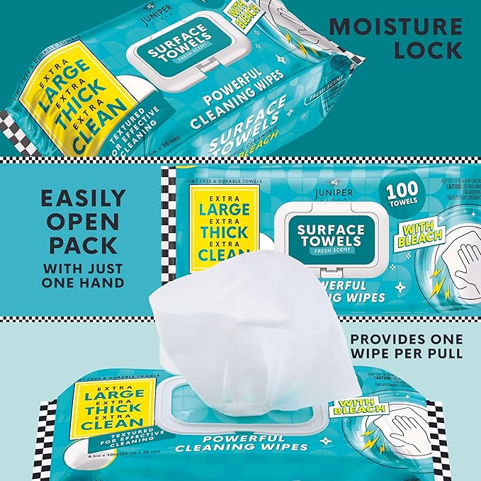 Juniper CLEAN 3 Packs Surface Wipes with Bleach, Thick & Large Dispose, All-Purpose Cleaner for Bathroom, Kitchen, Office, 300 Count Soft Flow, Biodegradable, Fresh Scent