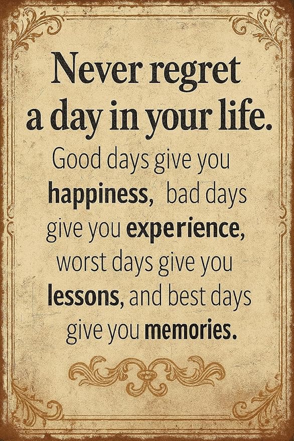Vintage Inspirational Quote Metal Sign – Never Regret a Day in Your Life - Motivational Wall Art for Office, Home, or Classroom – Positive Gift for Friends, Coworkers, and Graduates (Never regret)