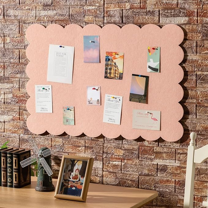 Mooliwe Scalloped Felt Bulletin Board 36 x 24 Inches Foldable Light Pink Pin Cork Board Alternative for Wall, 3' x 2' Trifold Picture Vision Self Adhesive Bulletin Decorative