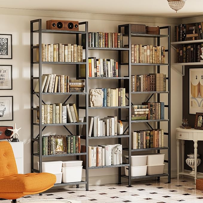 SUPERJARE Triple 6 Tier Bookshelf, Bookcase with 17 Open Display Shelves, Wide Book Shelf Book Case for Home & Office, Grey