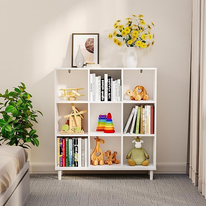 Chyanmoo Wood Cube Storage Organizer White Bookshelf - 3-Tier Freestanding Storage Cabinet with Legs for Home Office, 9-Cubes Open Shelf