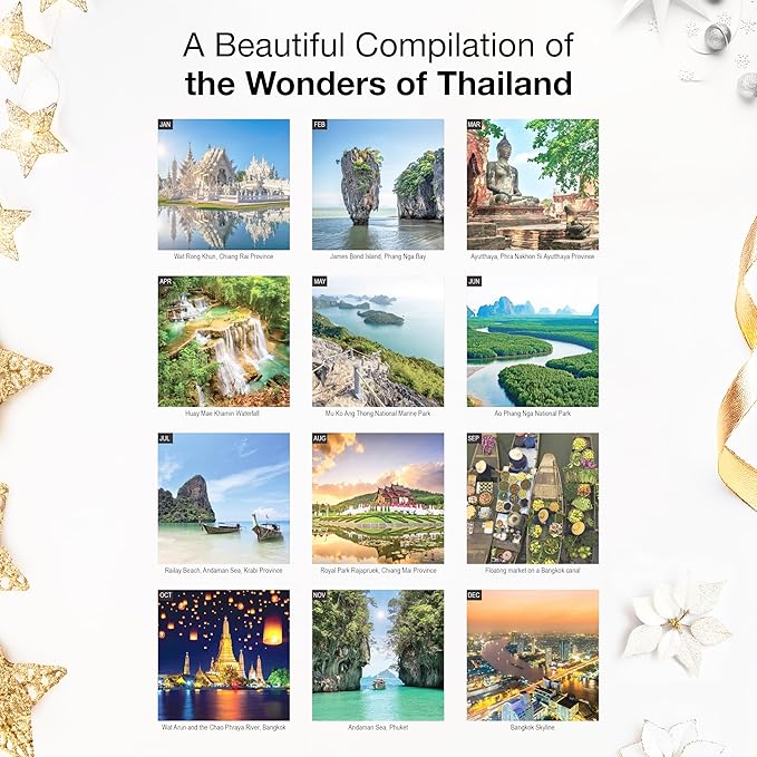 RED EMBER Thailand 2026 Wall Calendar 12 Month | 12" x 24" Open | Thick & Sturdy Paper | Holiday Gift | Travel Calendar 2026
