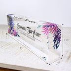 Artblox Office Desk Name Plate Personalized | Custom Name Plates for Desks | Leaf Purple Design On Clear Acrylic Glass | Office Desk Decor - (8" x 2.5")