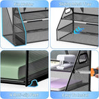 Docnest 3 Tier Metal Mesh Desk Organizer - Letter Tray with Built-in Pen Holder & Handle, Black