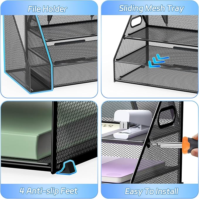 Docnest 3 Tier Metal Mesh Desk Organizer - Letter Tray with Built-in Pen Holder & Handle, Black