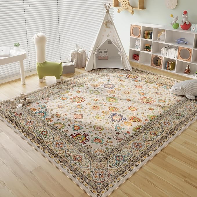Rugcomf Area Rugs 8x10 for Living Room Clearance, Machine Washable Boho Rug, Non Slip Vintage Low Pile Large Carpet for Bedroom, Farmhouse, Dining Room, Kids Playroom (Colorful)
