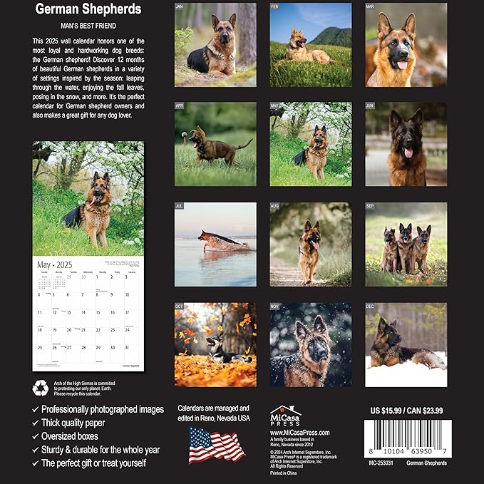 MICASA PRESS - German Shepherds 2025 Wall Calendar 12 Month | 12" x 24" Open | Thick & Sturdy Paper | Giftable | Dog Calendar 2025