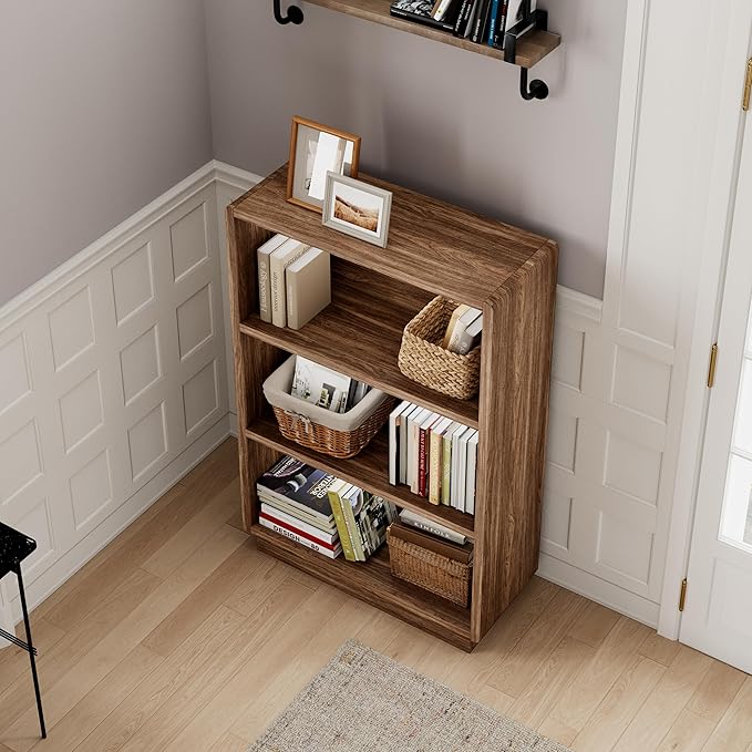 ChooChoo 3-Tier Bookcase, Wooden Bookshelf, Farmhouse Bookshelf with Open Storage, Tall Bookcase for Bedroom and Home Office, Brown Walnut