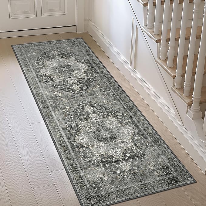 GENIMO 2'6"x10 Runner Rugs for Hallway, Machine Washable Non Slip Vintage Rugs, Low Pile Lightweight Soft Print Rug for enrtyway, Corridor, Home Office, Kitchen, Charcoal Gray