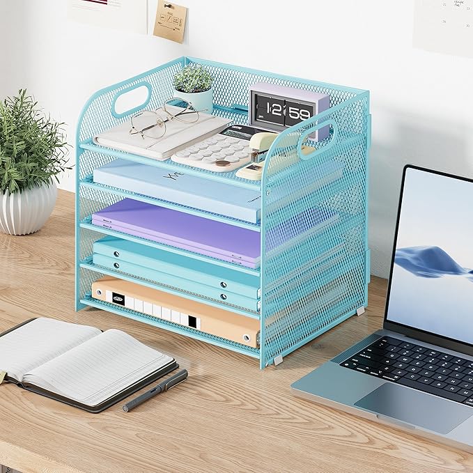Cawukege 5 Tier Paper Organizer with Handle, Metal Mesh Desk Organizer File Folder Paper Letter Tray Desktop Document Sorter for Classroom, School, Office Accessories Organization and Storage - Blue