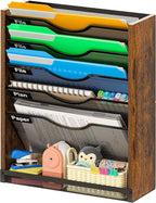 6-Tier Wall File Organizer with Bottom Tray, Ironwood Mail Organizer Wall Mounted with Metal Mesh, Document Organizer for Paper, Folder, Magazine, Office Desk Accessories for Home Cubicle Countertop