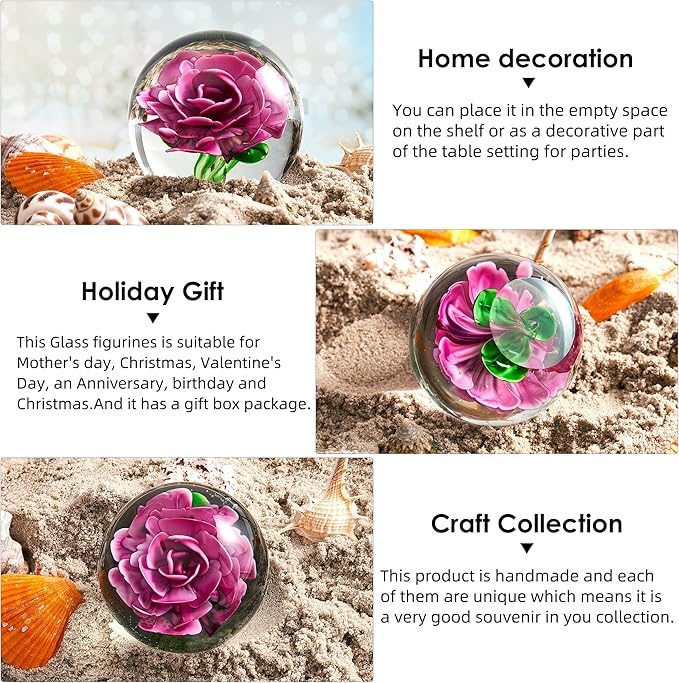 EUSTUMA Hand Blown Glass Flower Paperweight Figurine for Office Desk.Give You A Gift from The Person You Love, The Garden Decoration.(Pink Flowers)