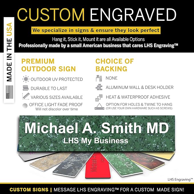 Engraved Name Plates for Door Sign Personalized Green Marble Plastic Plaque with White Letters - Made in USA 2x4 S4