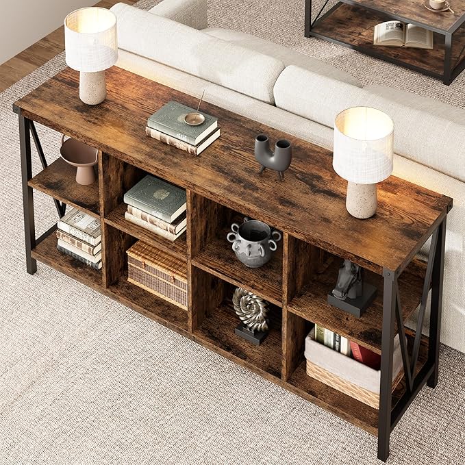 GarveeHome 8 Cube Storage Organizer Bookshelf, 3 Tier Metal Horizontal Bookcase, 62 in Console Bookshelf, Industrial Storage Bookcase for Entryway, Long Low Bookshelves for Living Room-Retro Brown