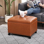 Decent Home 24" Square Ottomans with Storage, Leather Ottoman with Storage with Lockable Wheels and Hight Loading, Foot Stool Ottoman with Wheels for Makeup Room, Dorms and Apartments (Orange Brown)