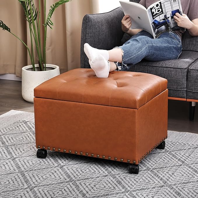 Decent Home 24" Square Ottomans with Storage, Leather Ottoman with Storage with Lockable Wheels and Hight Loading, Foot Stool Ottoman with Wheels for Makeup Room, Dorms and Apartments (Orange Brown)