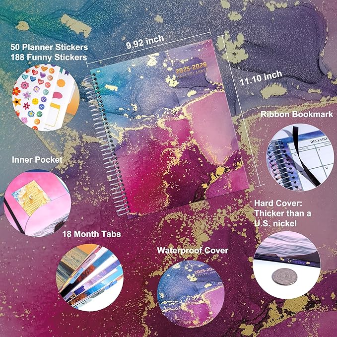 CAGIE Planner 2025-2026: 18 Months Jul 2025 - Dec 2026 Calendar Planners Weekly and Monthly 8.5" x 11" Large Spiral Planners for Women Hourly Daily Yearly Agenda with Tabs Stickers, Marble