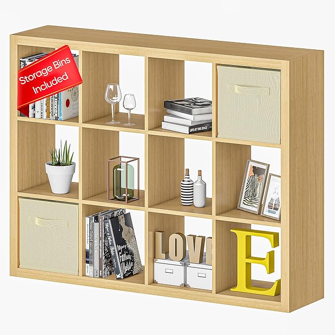 furtble Bookshelf with Storage Bins, 12-Cube Storage Organizer, Modern Wood Open Bookcase, Multifunctional Display Shelf for Living Room, Bedroom, Home Office, Oak