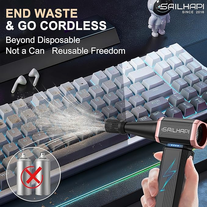 SAILHAPI Electric Air Duster, 300000RPM High-Speed Cordless Blower for Barber with Variable Speed & Brushless Motor, Portable Mini Blower for Keyboard, PC, Computer, Replaces Canned Air, Gifts for Men