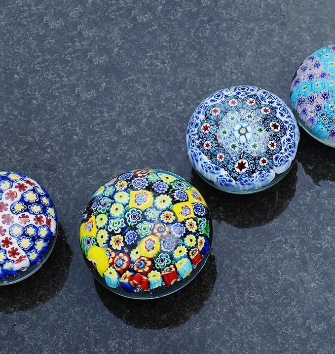 Yao Yuan Handcrafted Glass Paperweight - Beautiful Flower Figurine, Unique Desk Accessory for Home or Office (Yellow millefiori, 4 in)